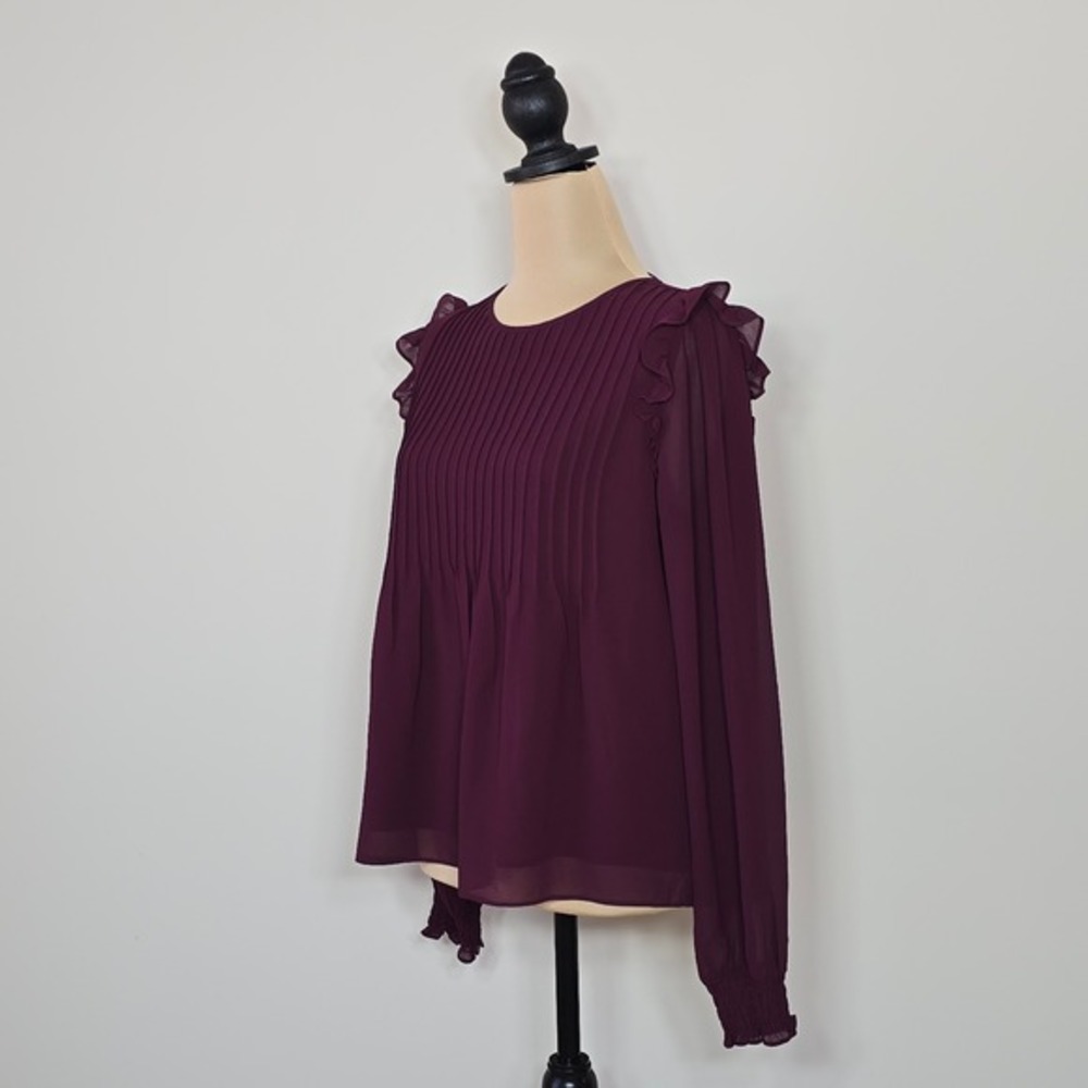 ALLISON JOY Womens Plum Pleated Ruffle Sleeve Keyhole Chiffon Blouse Top Size S - Picture 3 of 8